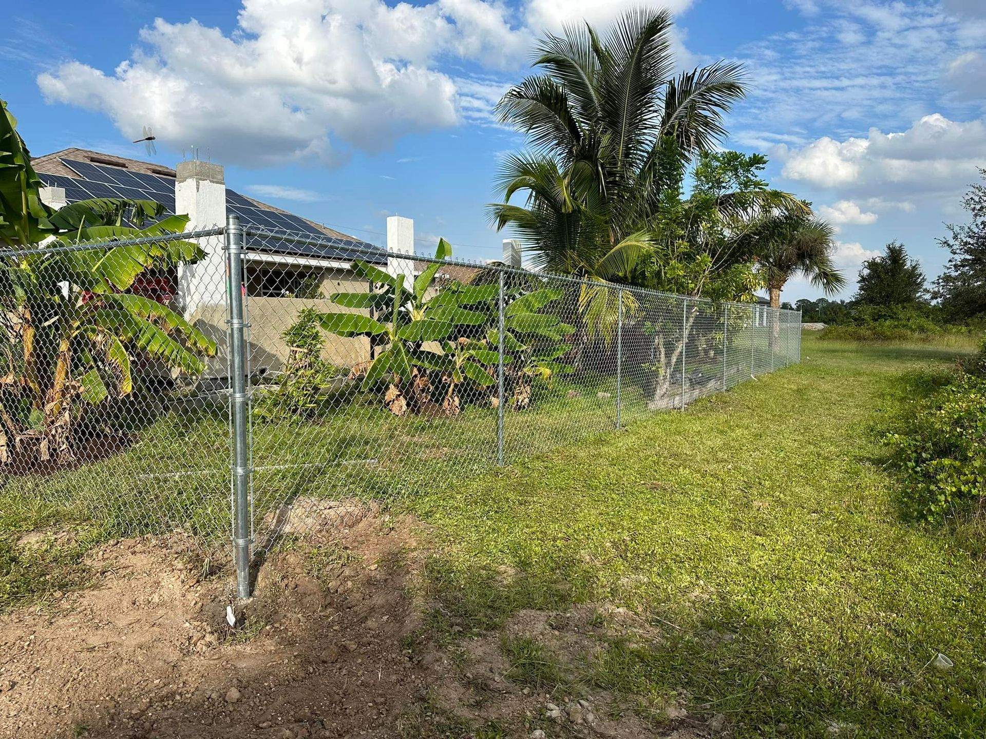 Chain-link fence surrounds a house with green foliage against a blue sky with clouds.