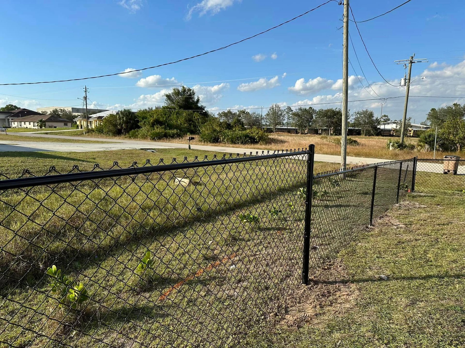 Black chain-link fence in grassy yard, under a blue sky with power lines and sparse vegetation.