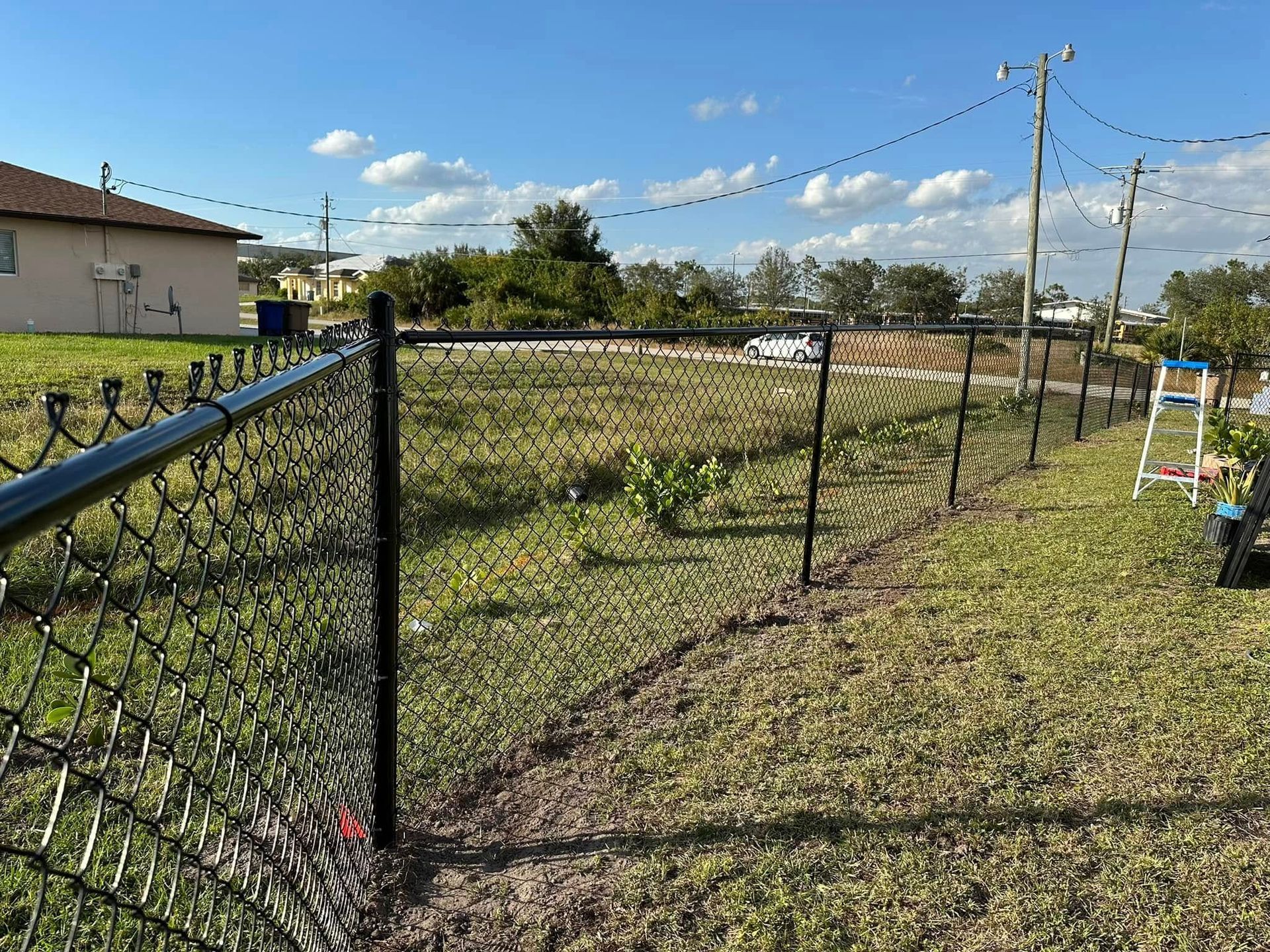 Black chain-link fence in a grassy yard, with power lines strung overhead, and a house visible.