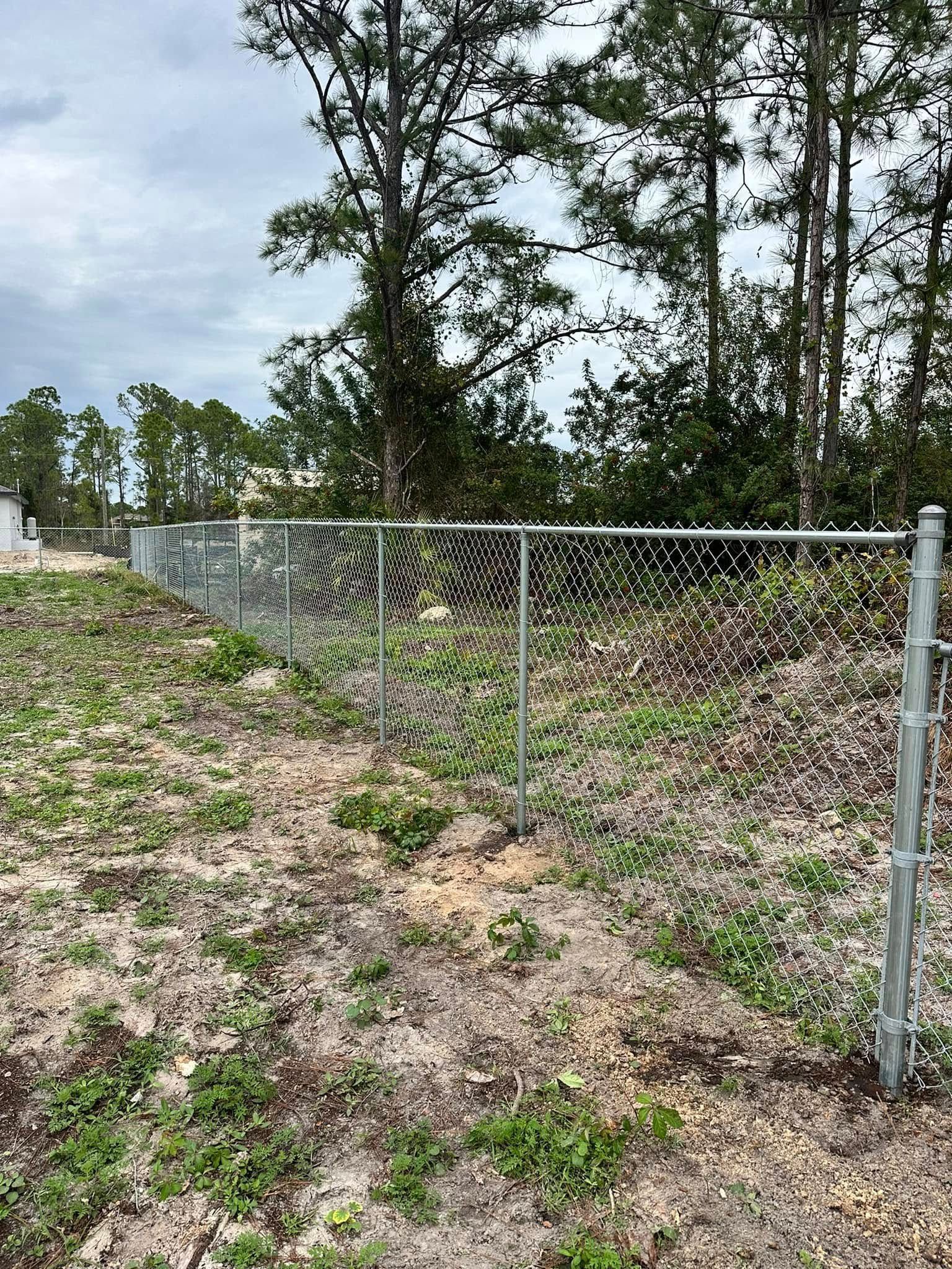 Chain-link fence bordering overgrown grassy area with trees in the background under a cloudy sky.