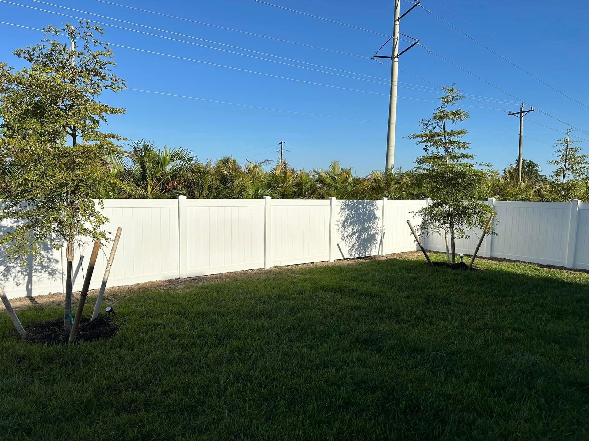 White vinyl fence encloses a grassy backyard, flanked by small trees under a bright blue sky.