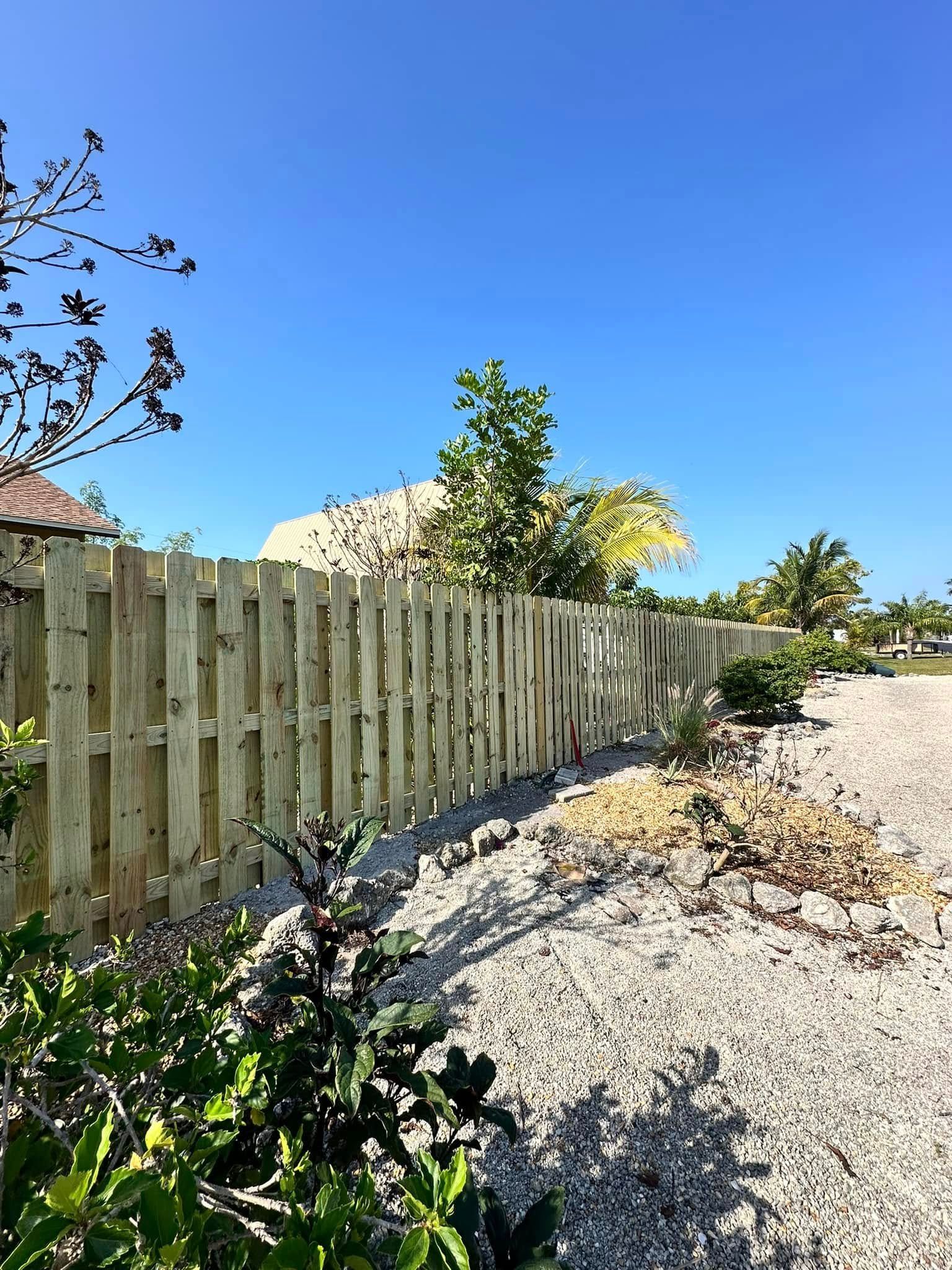 Wooden fence along a gravel path under a bright blue sky, plants in the foreground.