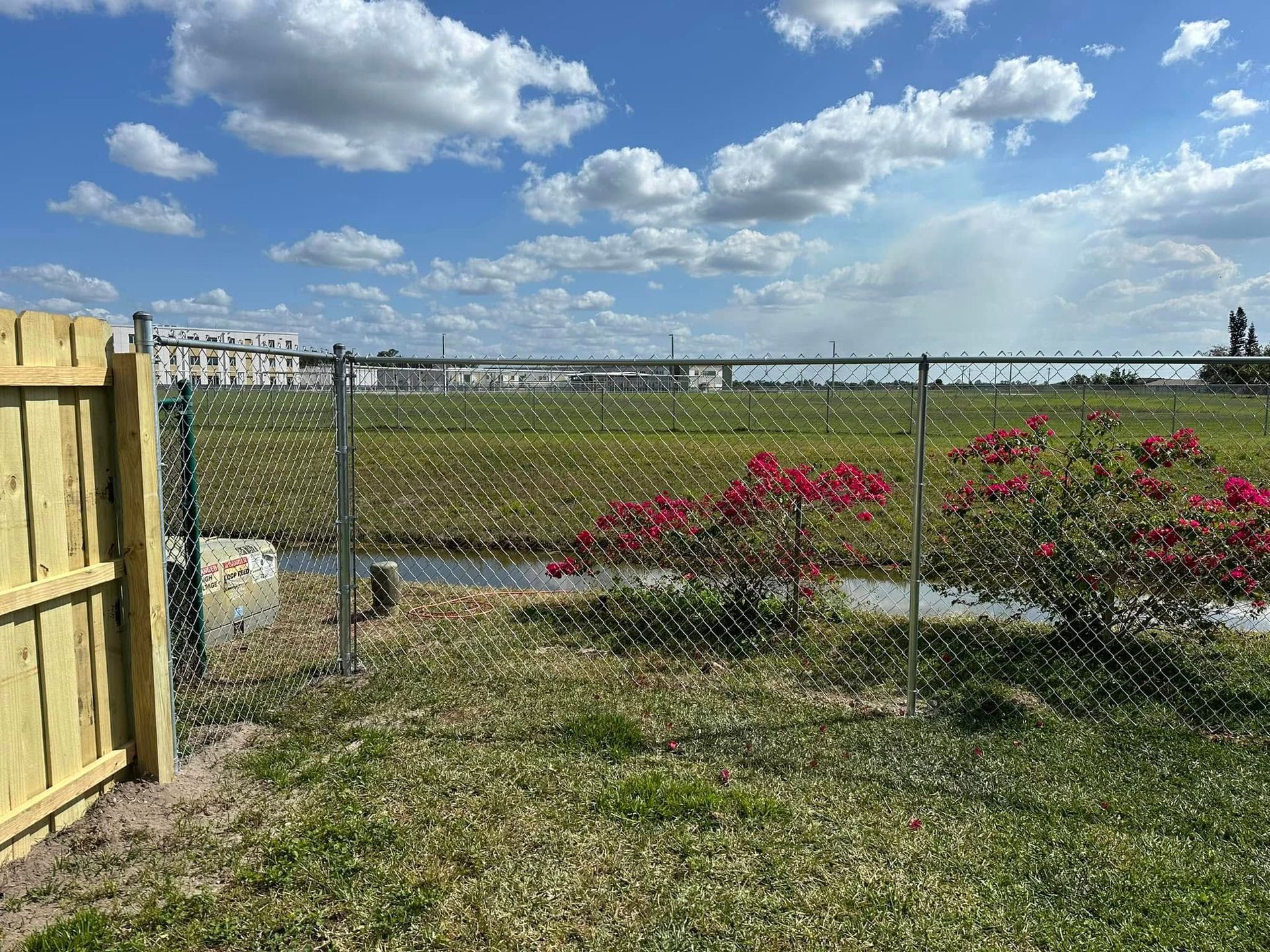 Green field behind a chain-link fence, with pink flowers, cloudy sky, and distant buildings.