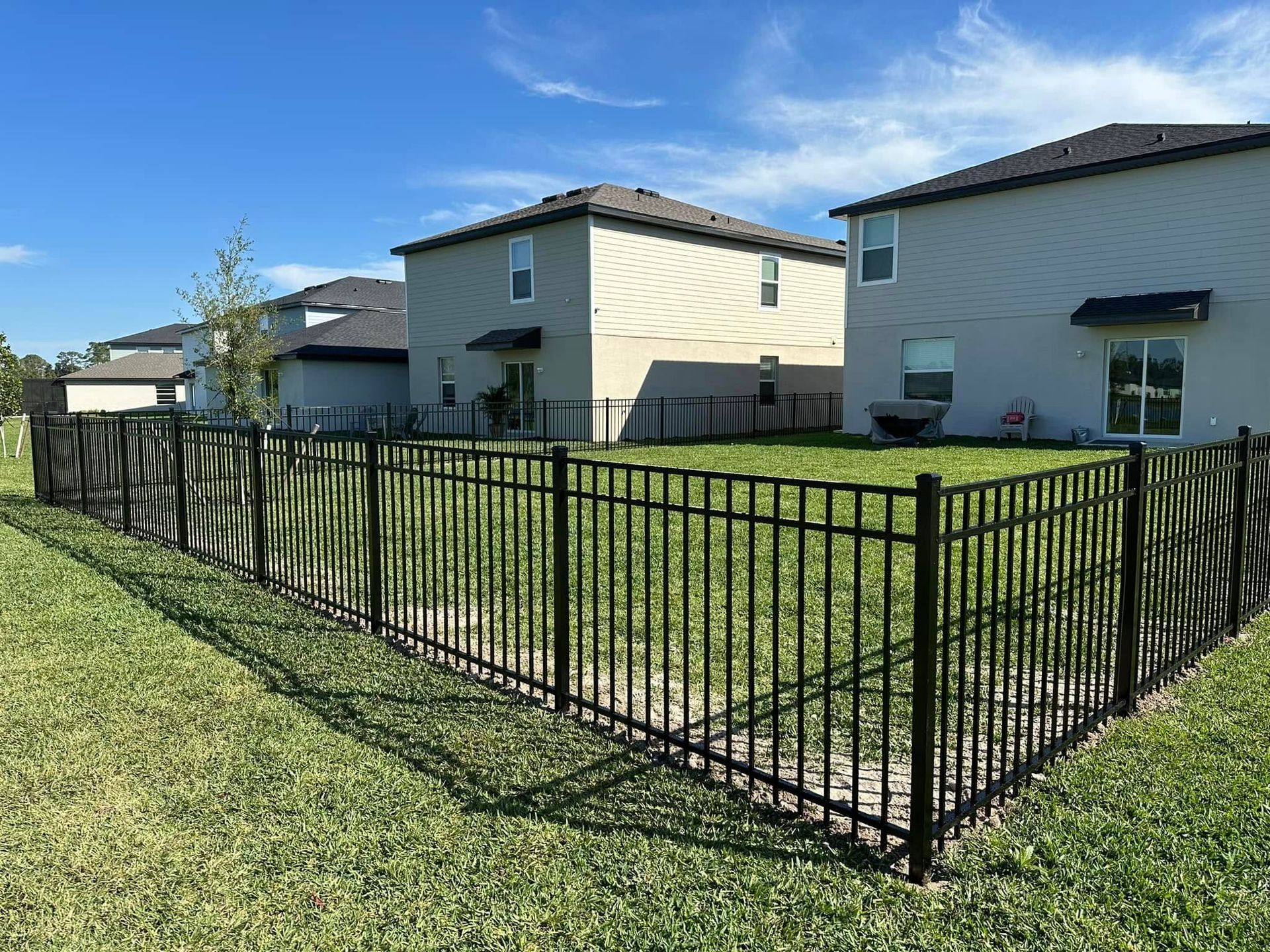 Black metal fence encloses a grassy backyard, houses in the background, sunny day.