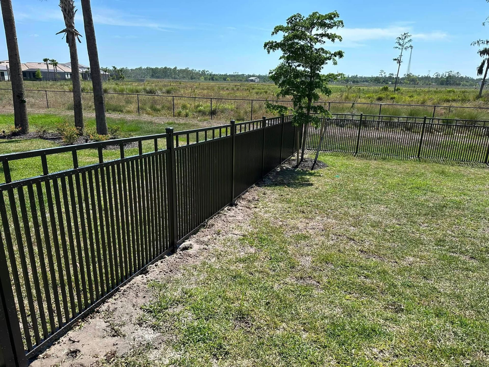 Black metal fence bordering grassy lawn, with field and trees in the background.