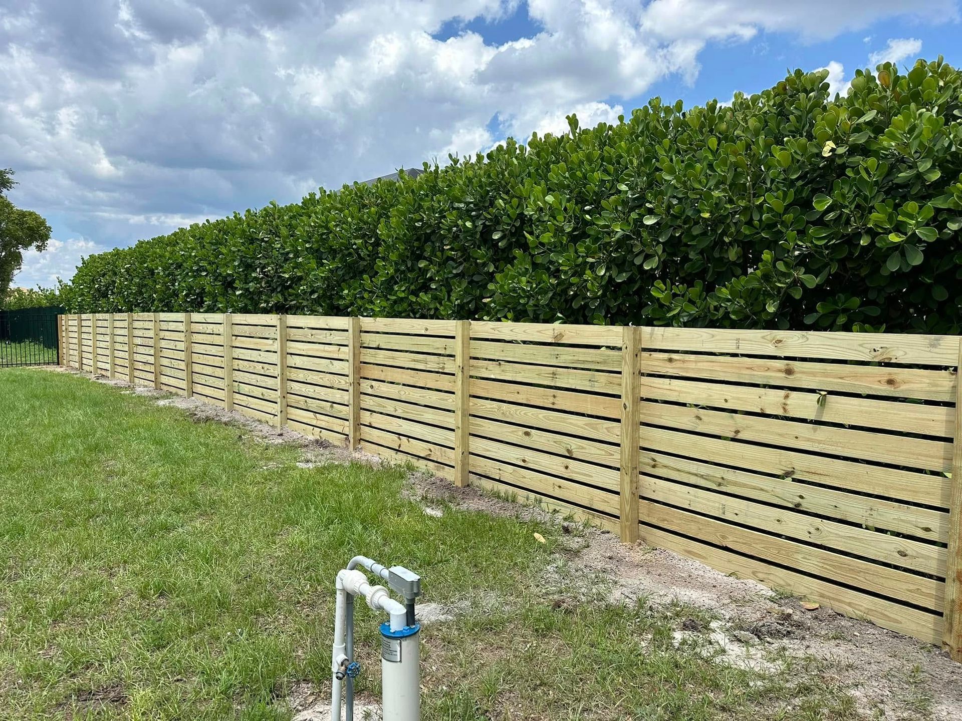 Wooden horizontal slat fence in a grassy yard with green bushes in the background.