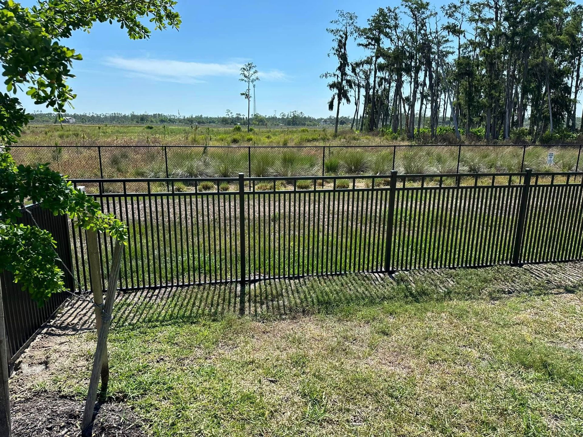 Black fence separating green grassy area from wetlands.