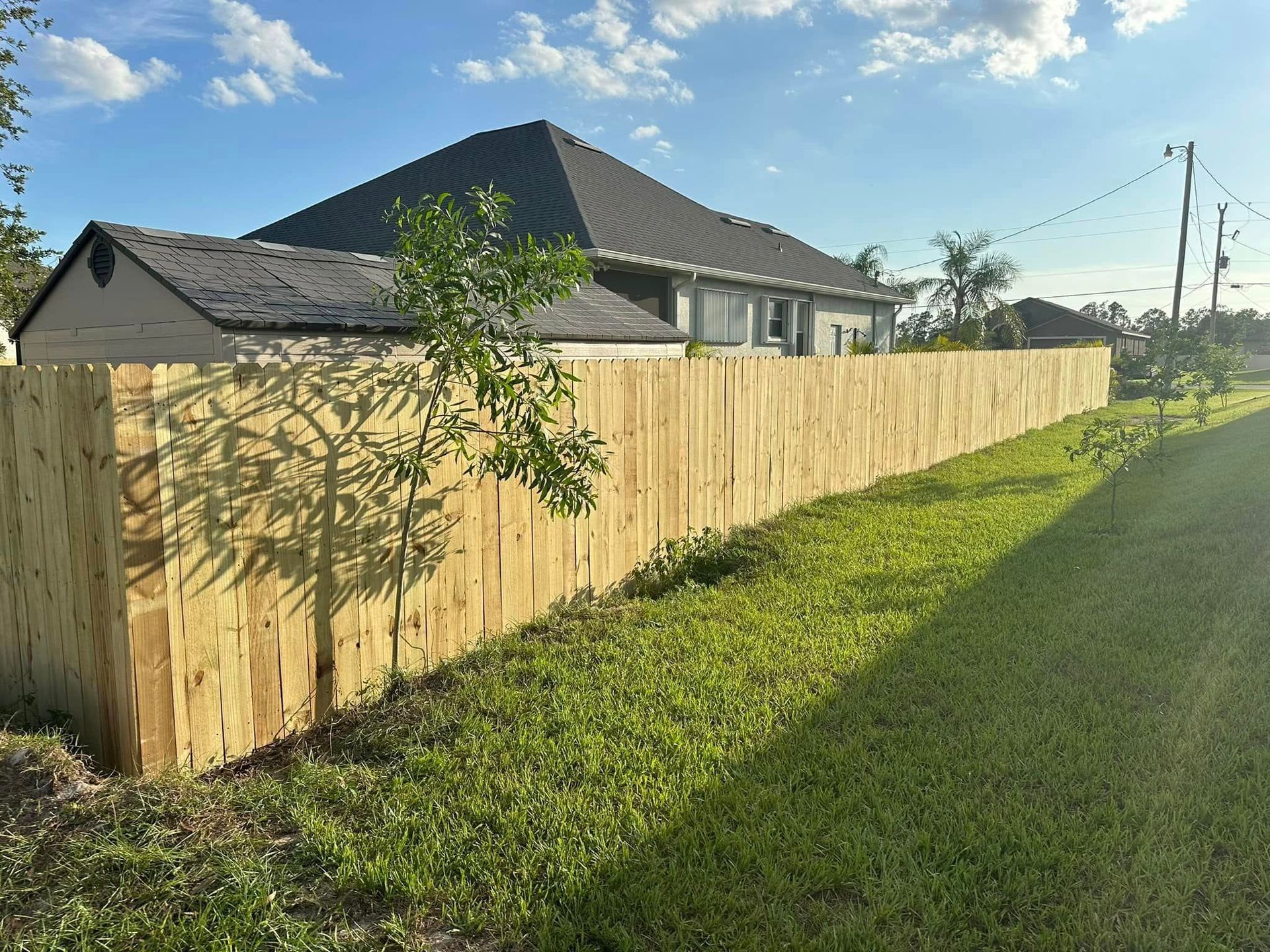Wooden fence in front of a house, grass and a small tree in the foreground. Sunny day.