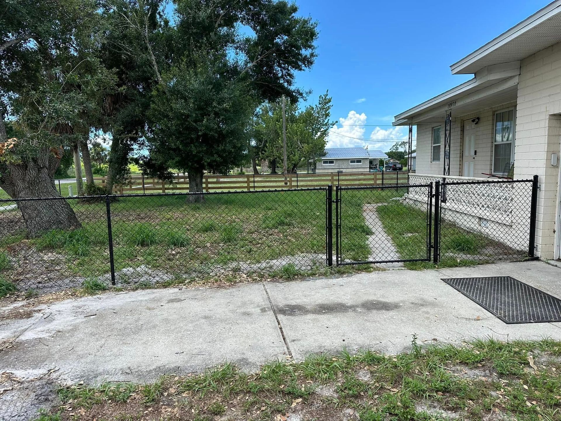 A black chain-link fence encloses a grassy yard, with an open gate leading to a concrete driveway and a house.