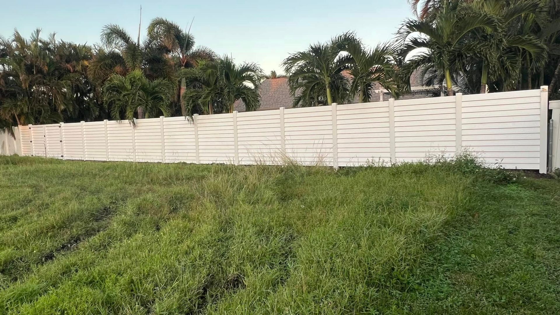 White horizontal slat fence in grassy field with palm trees in the background.