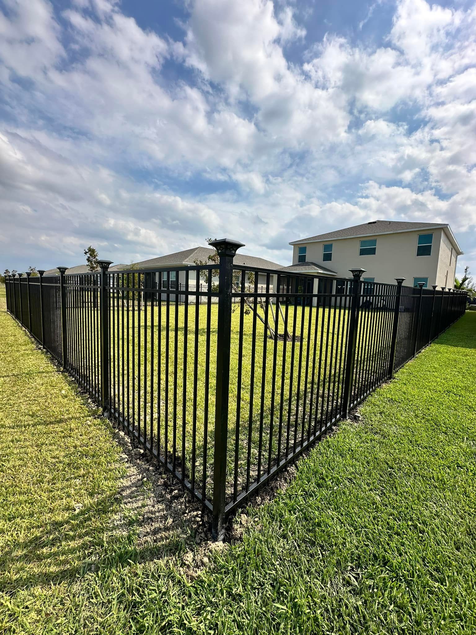 Black metal fence encloses a grassy yard, with houses in the background under a partly cloudy sky.