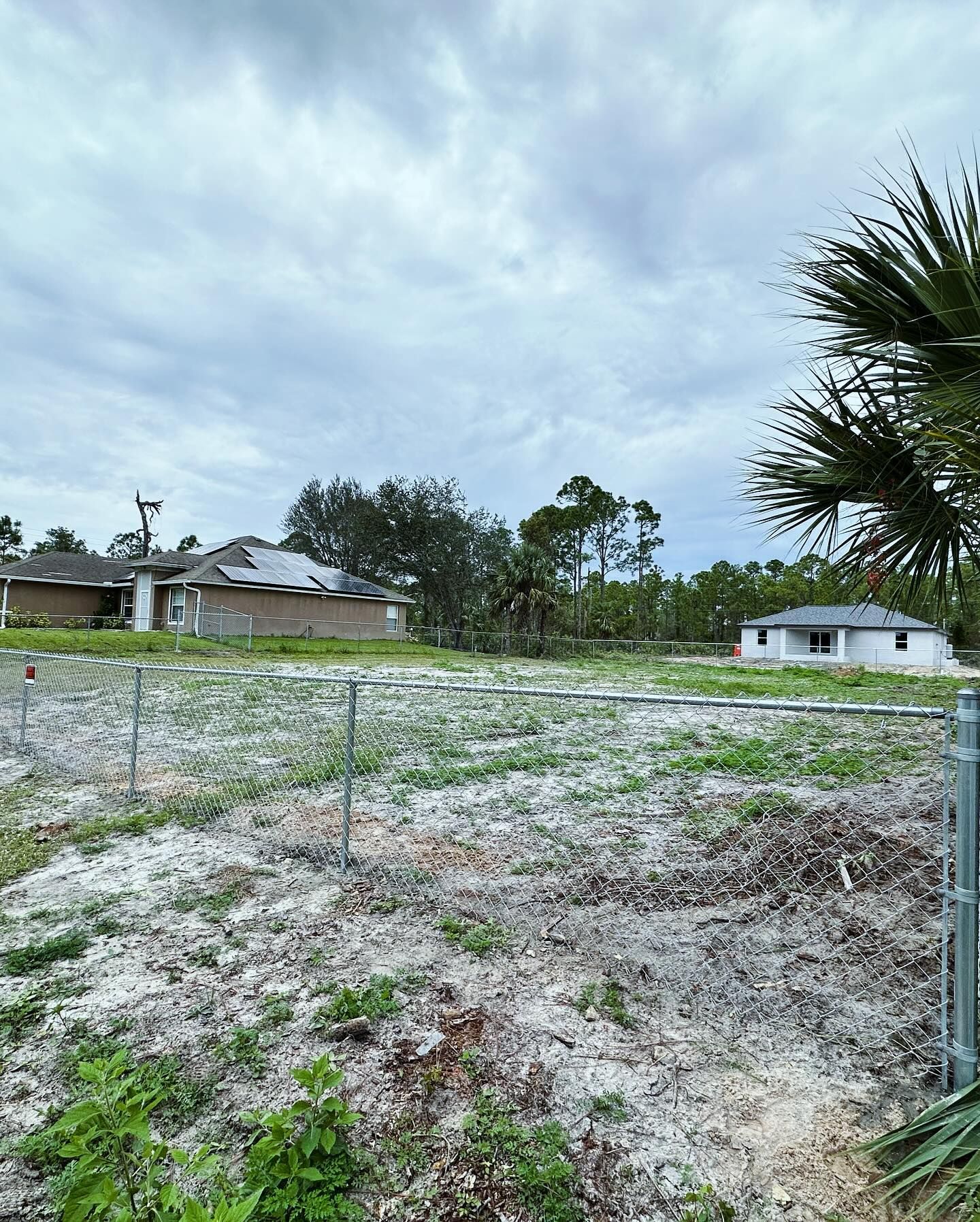 Fenced empty lot with houses and cloudy sky. Light-colored sand ground, scattered vegetation, and trees in the background.