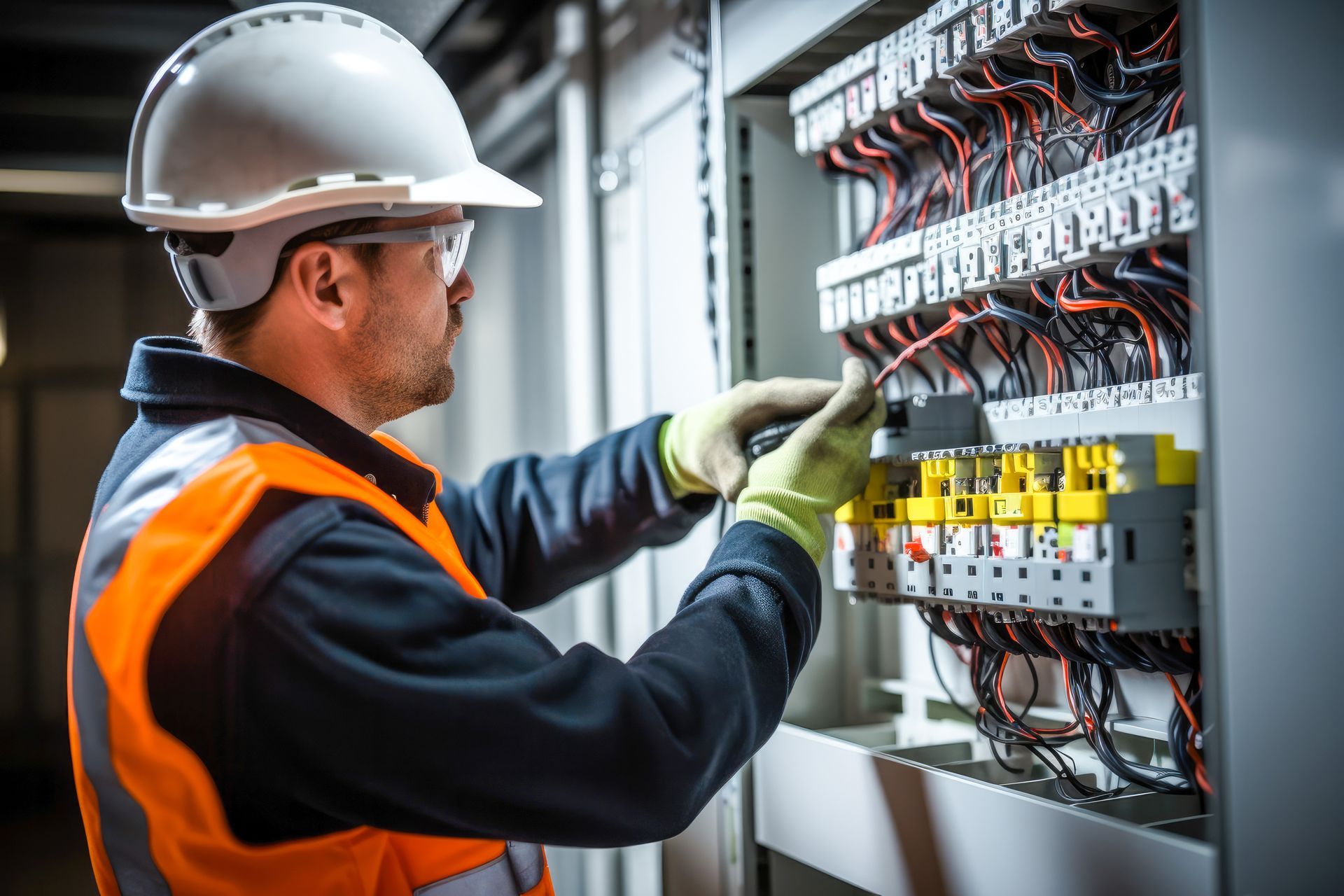 Worker in hard hat and safety vest inspecting electrical control panel with wiring and breakers