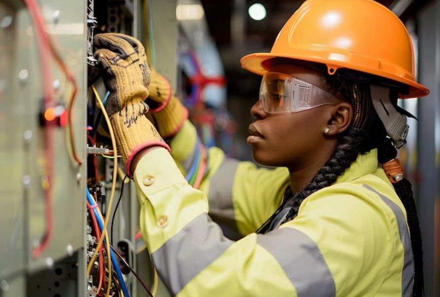 Worker in orange hard hat and safety glasses wiring electrical equipment in a workshop