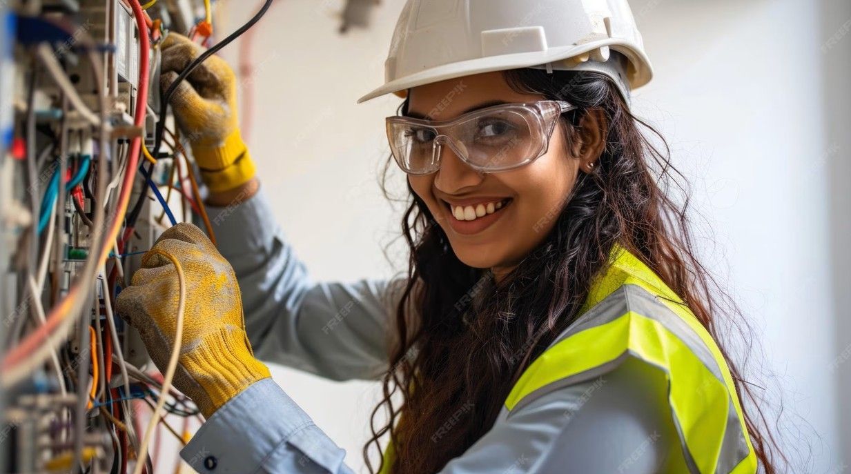 An electrician wearing an orange hard hat inspects a home electrical panel with a testing tool.