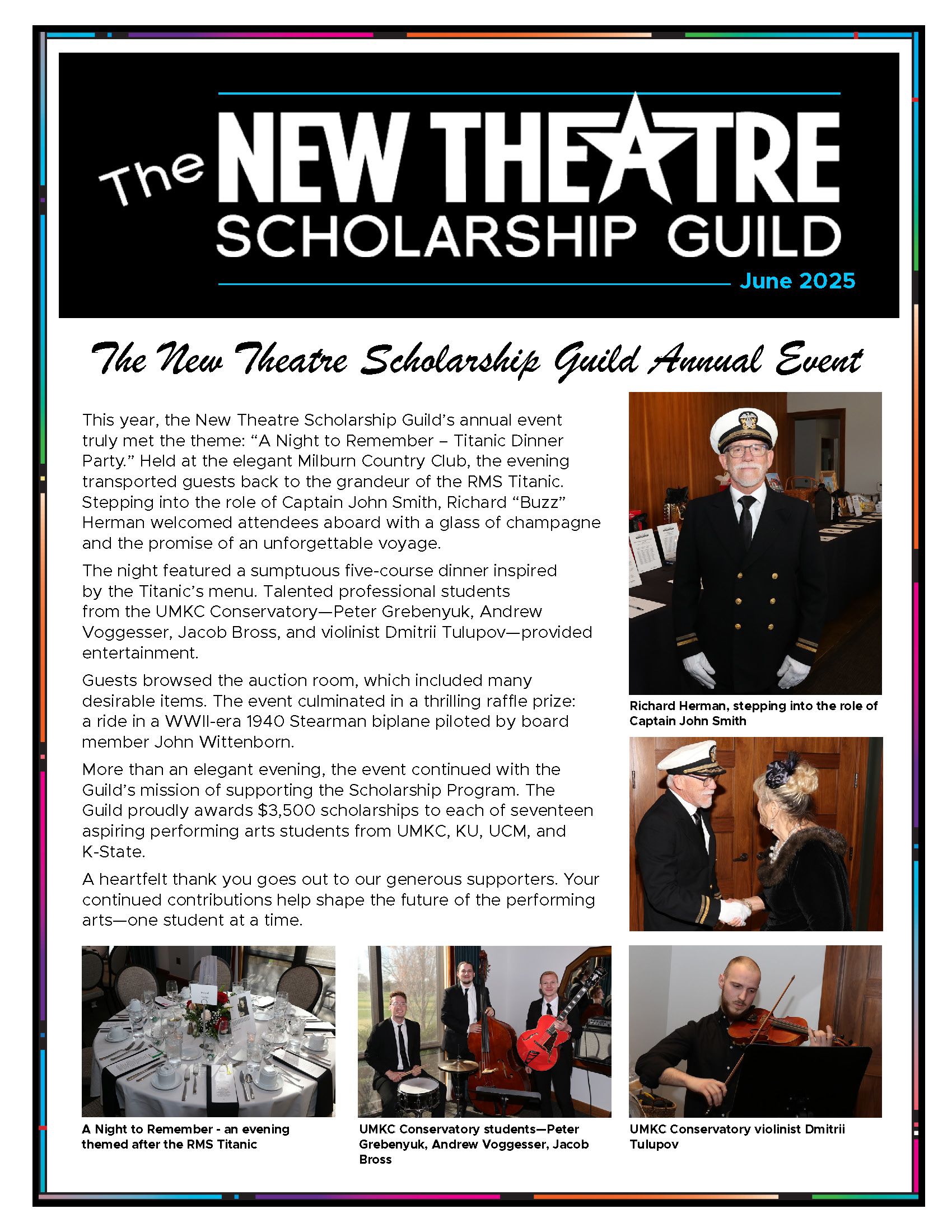 Newsletter for The New Theatre Scholarship Guild, featuring event photos and text.