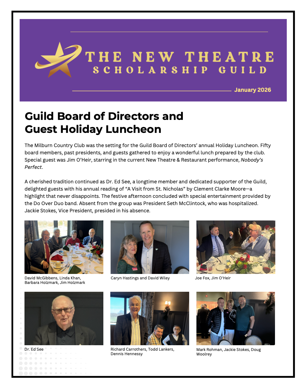 Newsletter for The New Theatre Scholarship Guild, featuring event photos and text.