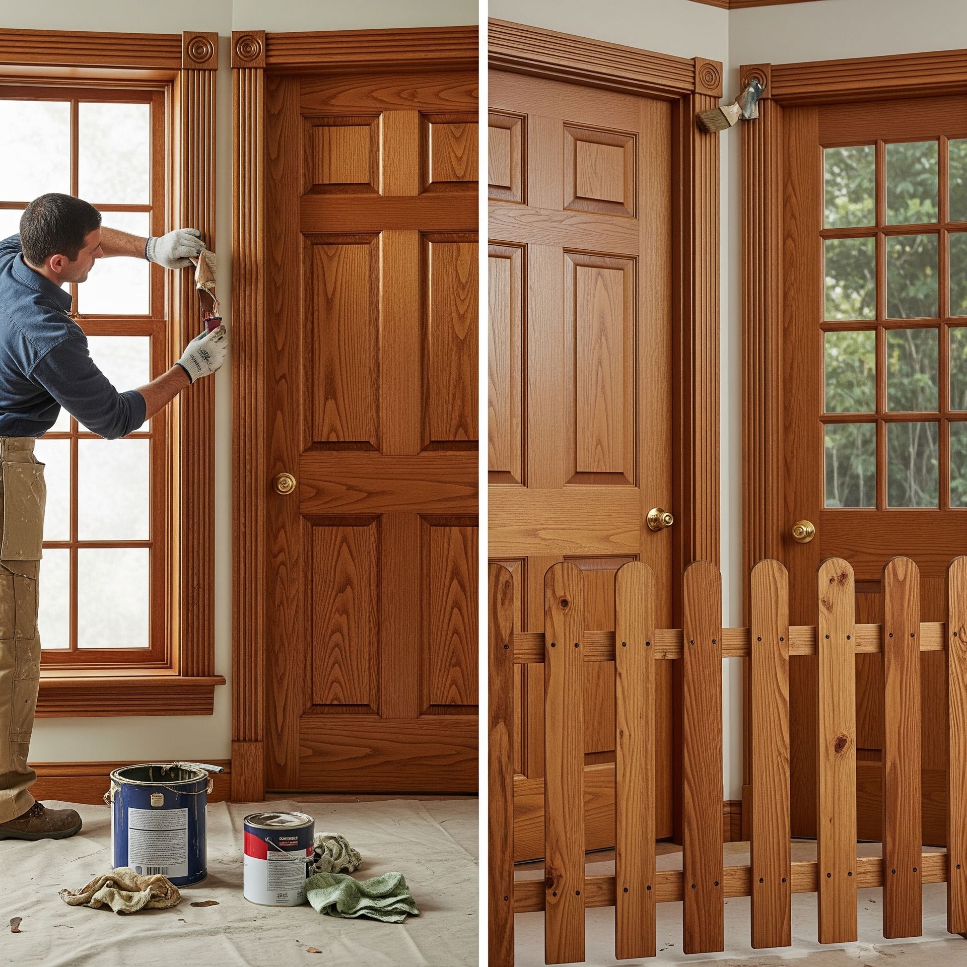 Man staining wood trim with paint, doors and window in a home.