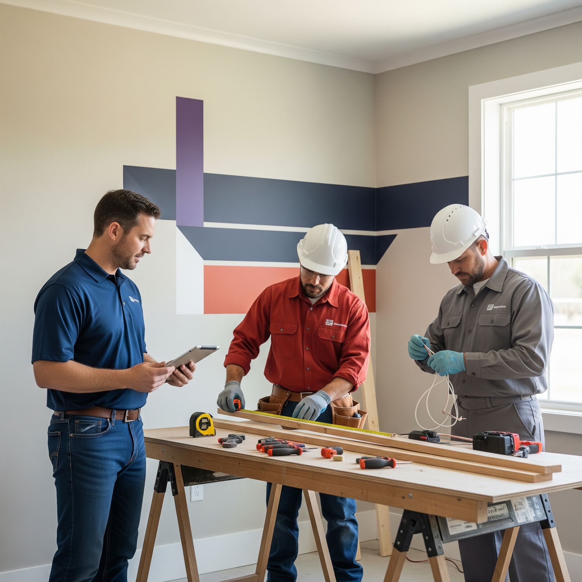 Three professionals inspecting wood. Two in hard hats, one with a tablet. Blue, red, gray clothes.