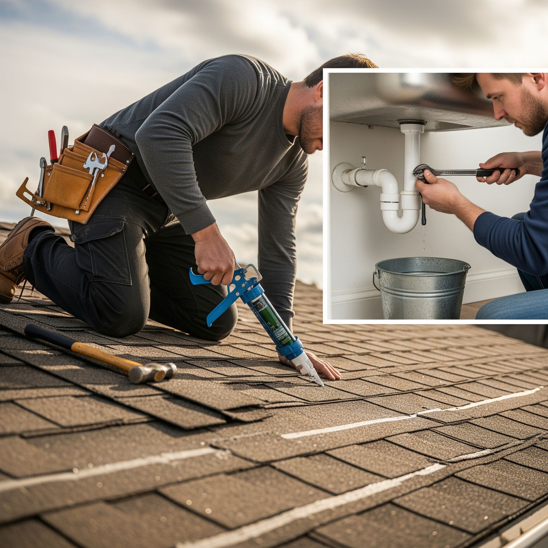 A handyman working on a roof with a caulk gun, and inset image of him fixing a sink with a wrench.