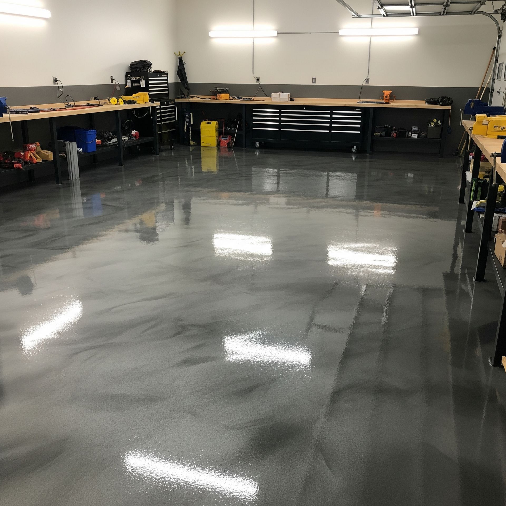 A large, shiny, grey epoxy-coated workshop floor with overhead lights and workbenches against the walls.