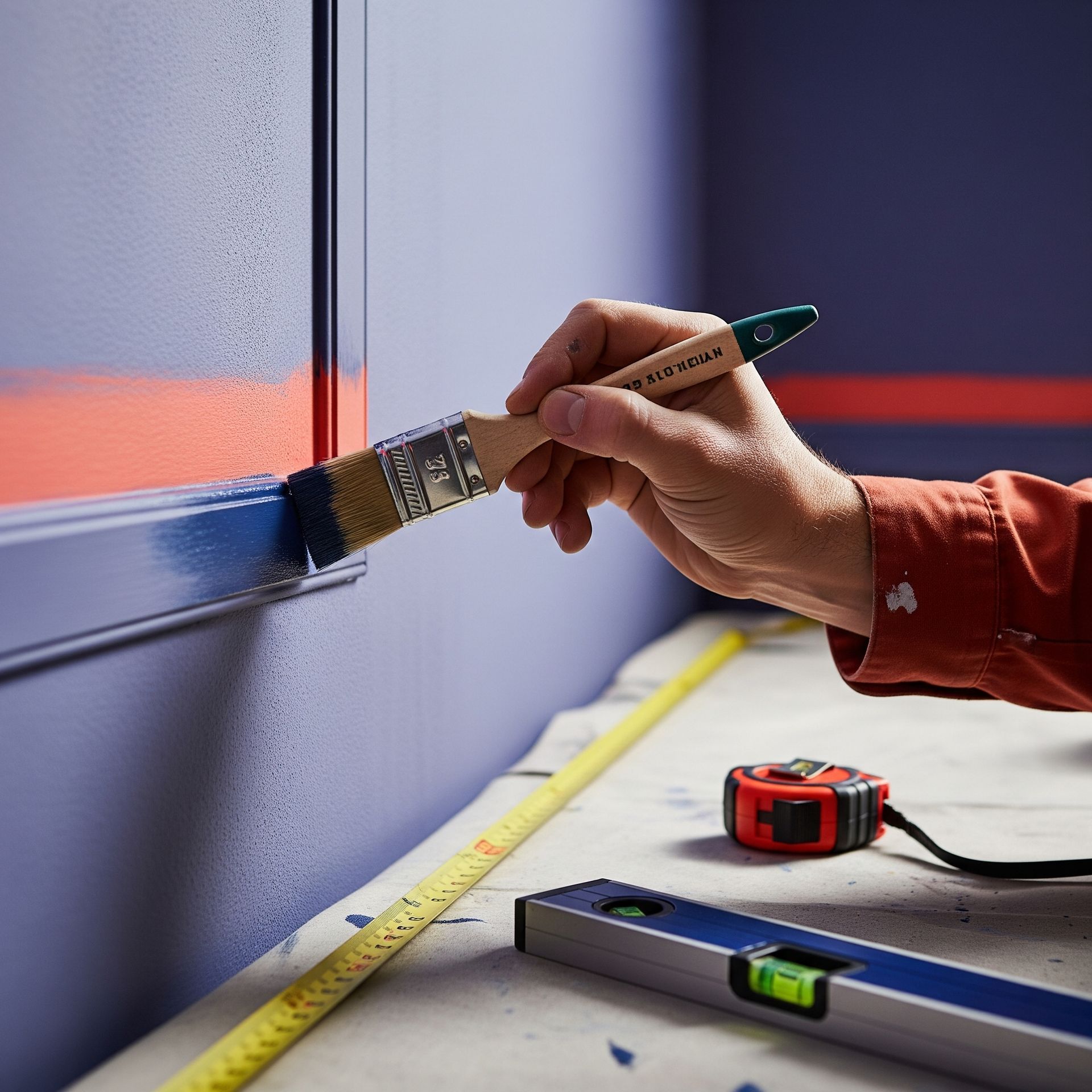 Person painting a blue frame on a wall, using a paintbrush. Measuring tape, level, and other tools are on the floor.