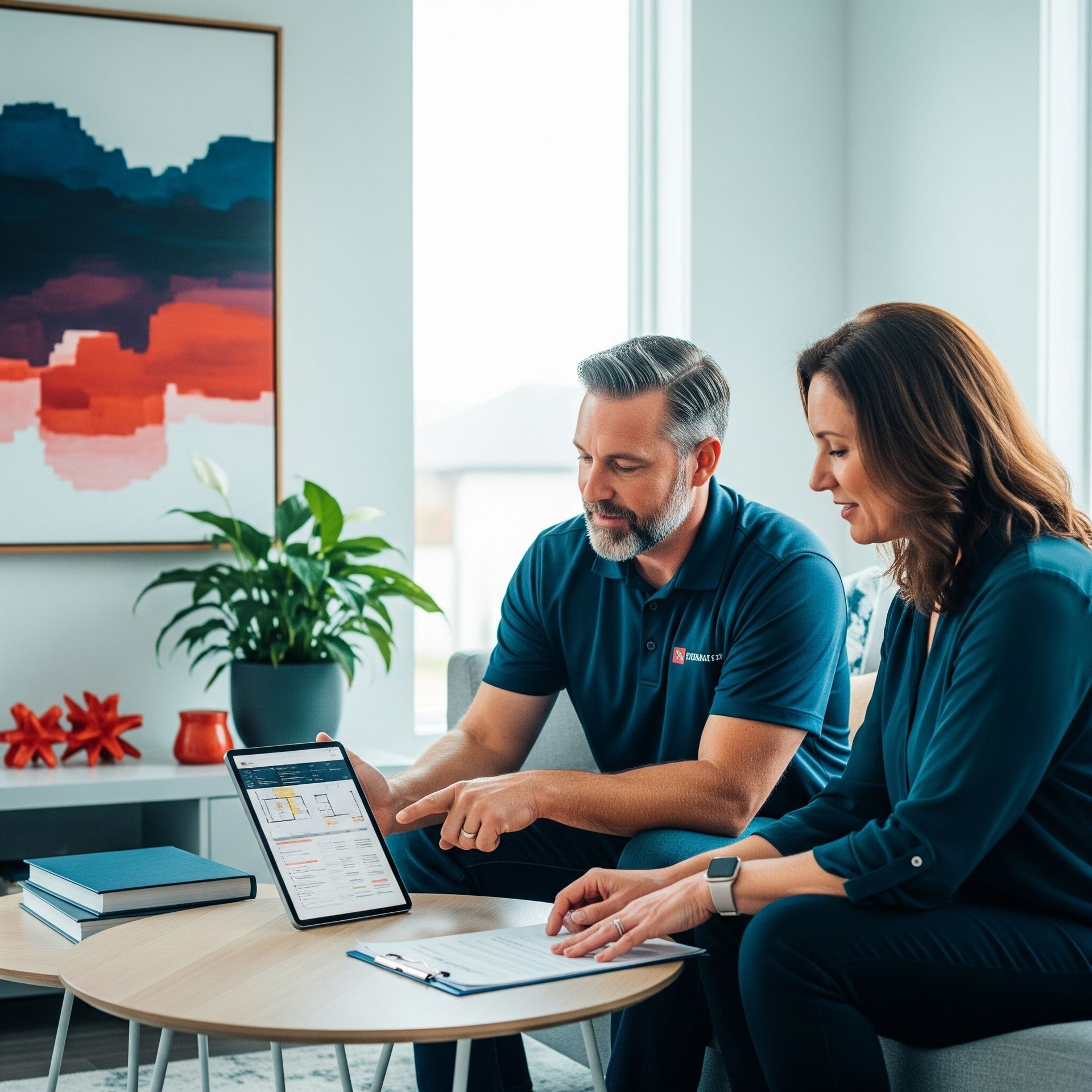 A man and woman look at a tablet. The man points to the screen. They sit at a table indoors.