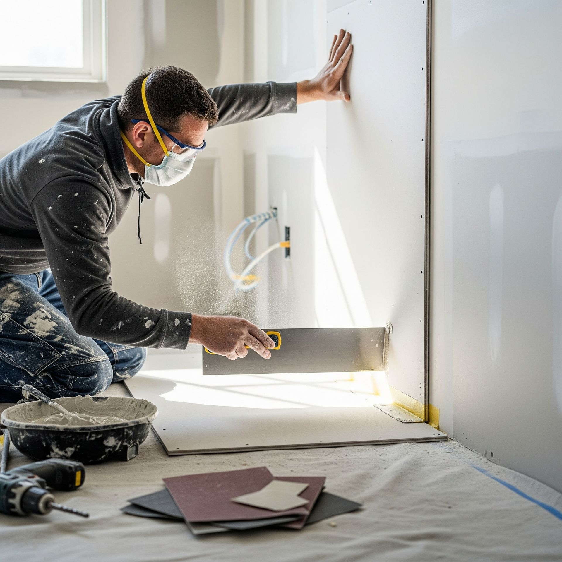 Construction worker applying joint compound to drywall with a trowel. Indoors, wearing safety glasses and mask.