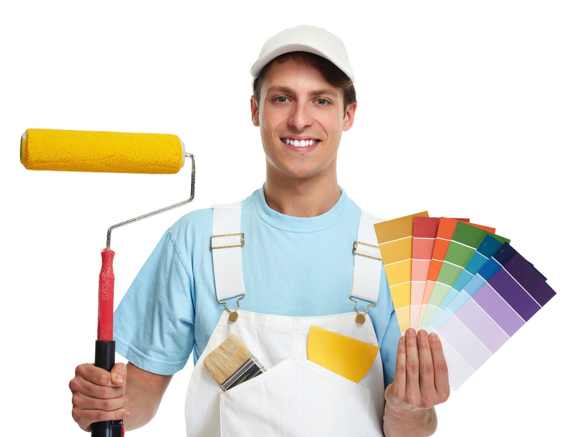 A man is holding a paint roller and a palette of colors