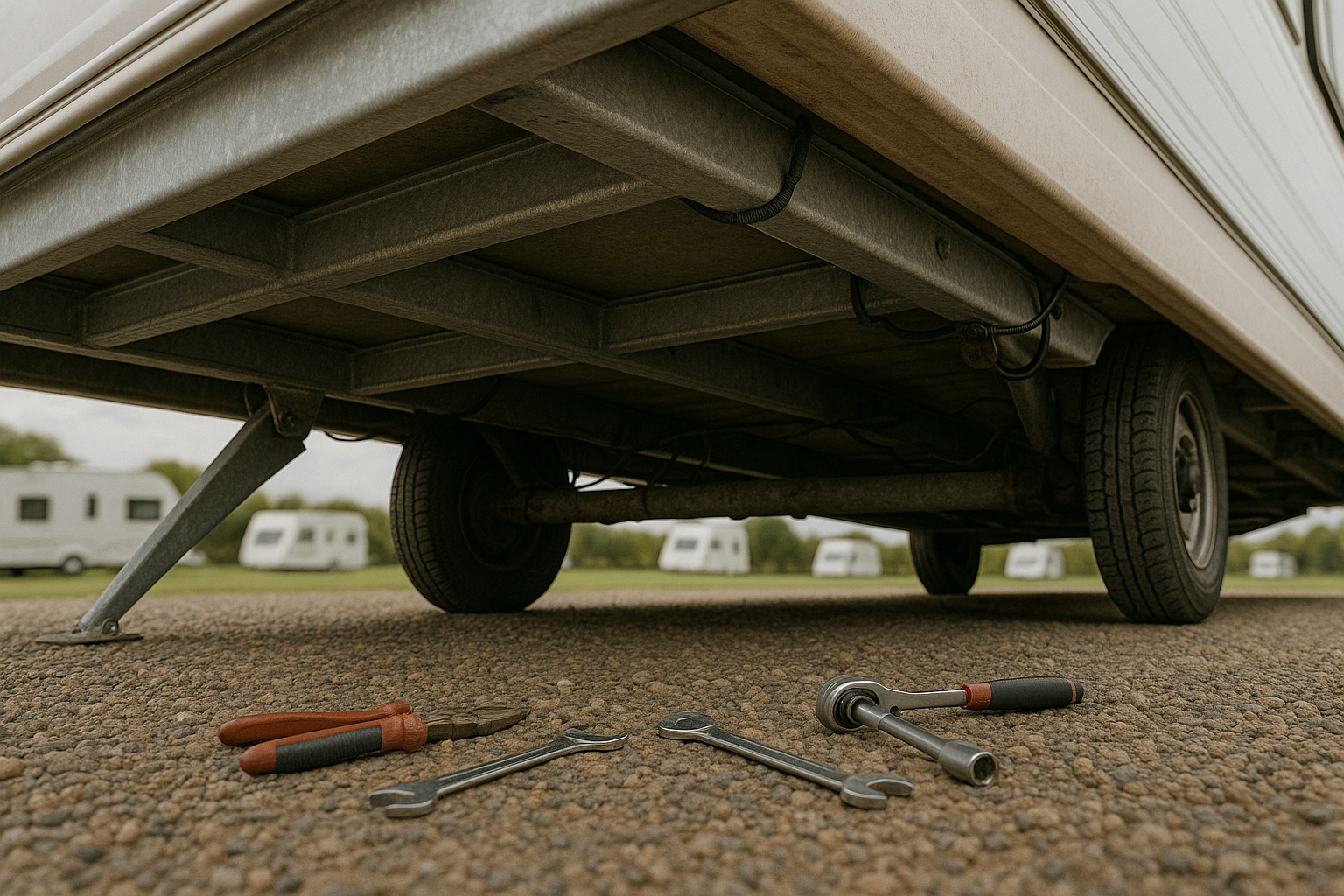 Low angle view of a caravan, with tools scattered on the ground, suggesting repairs or a chassis service