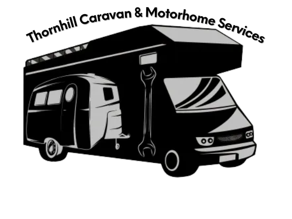 Logo of Thornhill Caravan & Motorhome Services featuring caravan, motorhome, and wrench in grayscale.