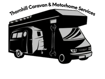 Logo of Thornhill Caravan & Motorhome Services featuring caravan, motorhome, and wrench in grayscale.