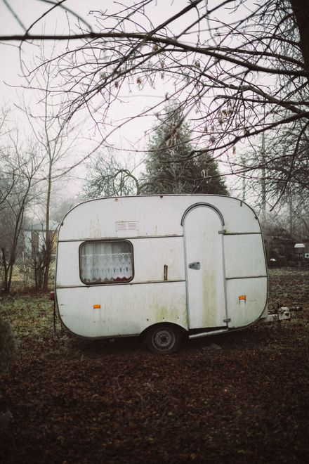 White, weathered camper in a foggy, overgrown yard, surrounded by leafless trees.