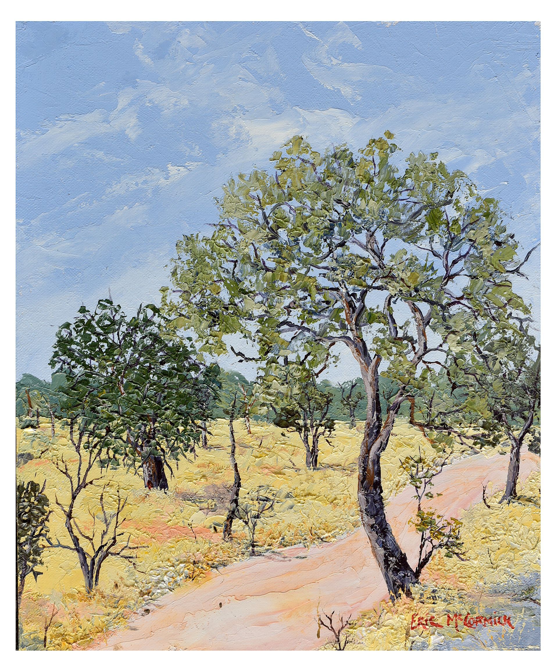 Dirt road winds through field of yellow grass and trees under a blue sky.By The artist Eric McCormick