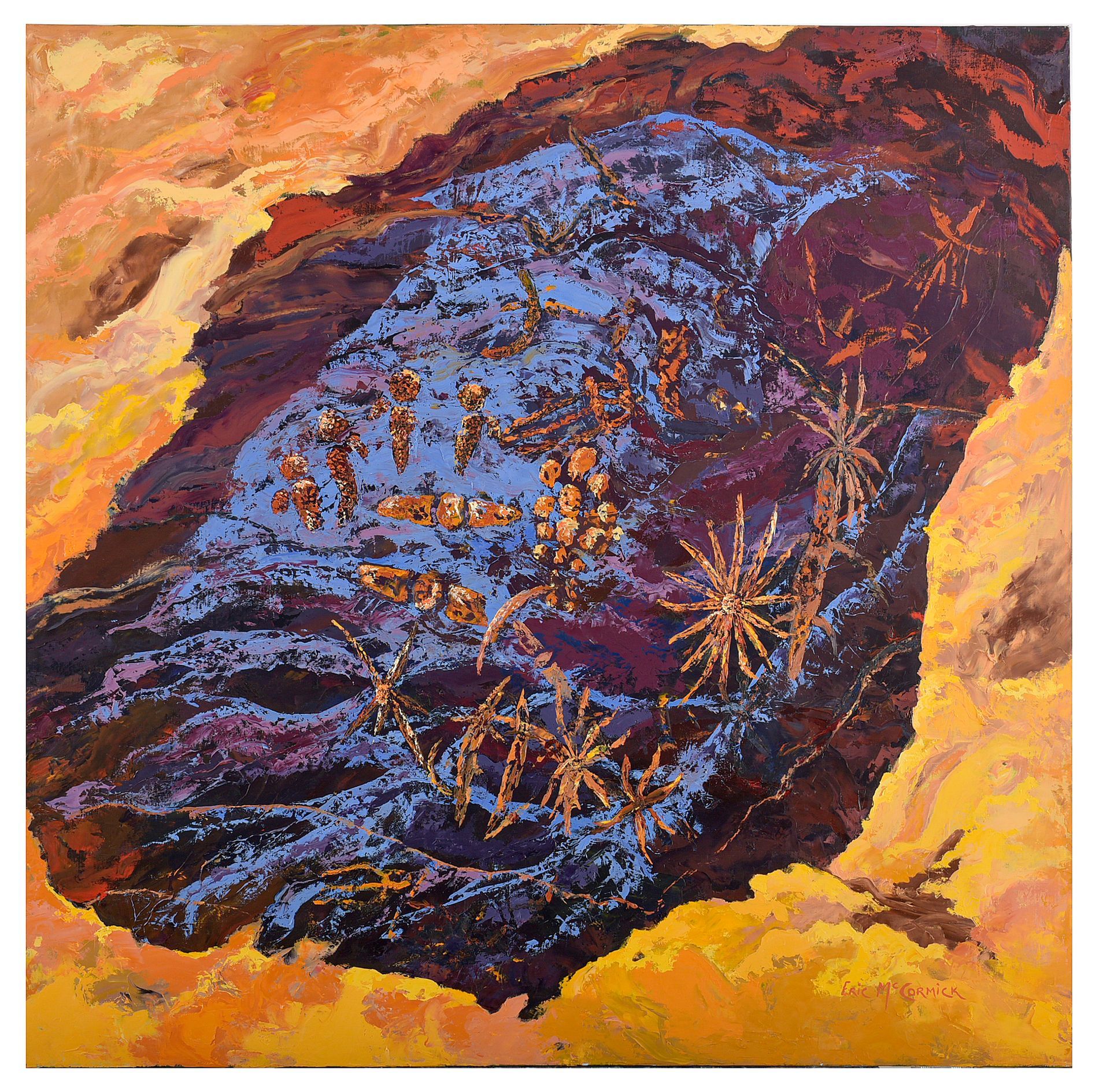 Abstract painting with a central blue form, surrounded by orange and brown. By The artist Eric McCormick