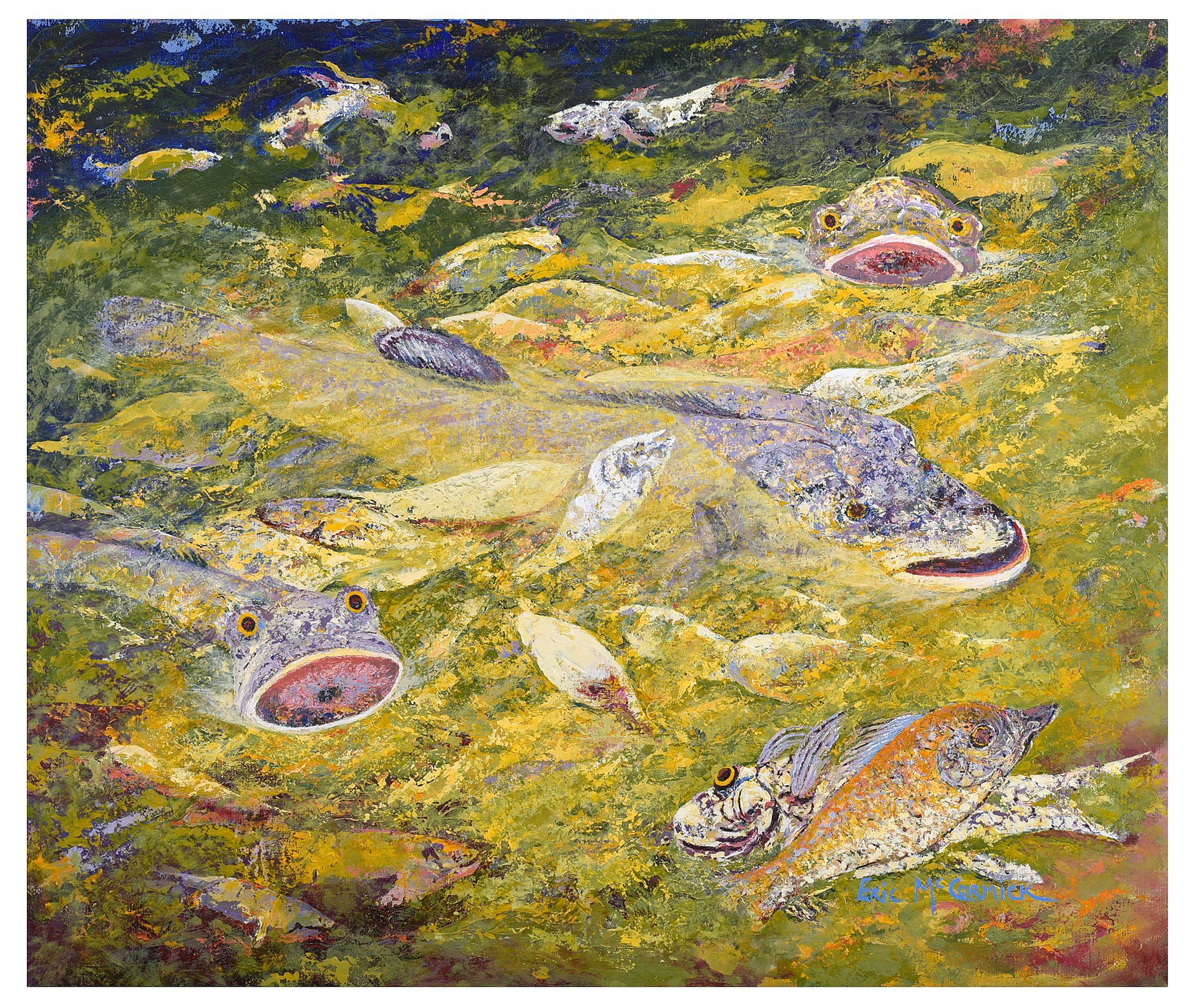 Fish swimming in murky water, painted with textured brushstrokes, various colors.By The artist Eric McCormick