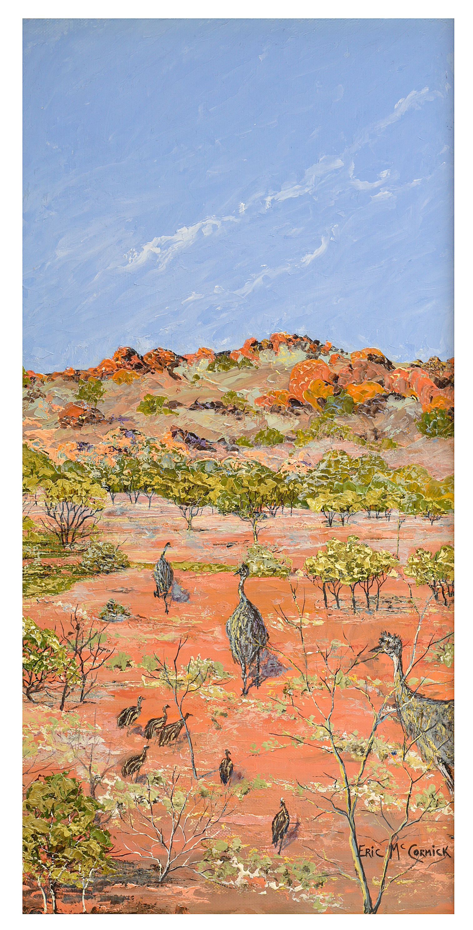Red desert landscape under a blue sky with scattered green and orange vegetation.By The artist Eric McCormick