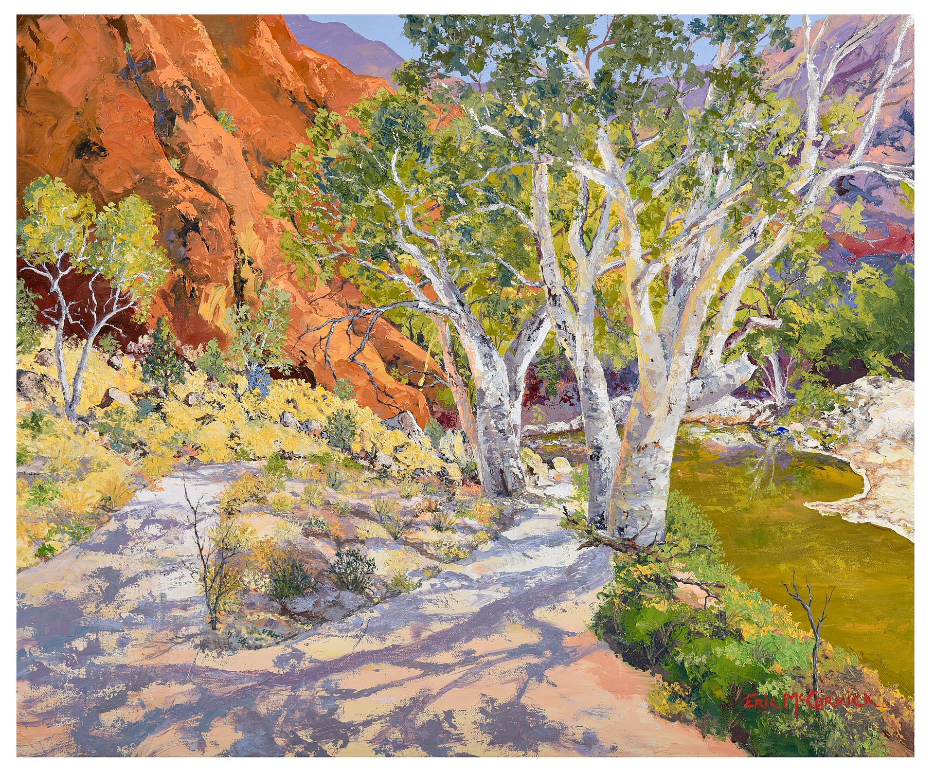 Path winds past white-trunked trees, shadows cast on it; red rock in background.By The artist Eric McCormick