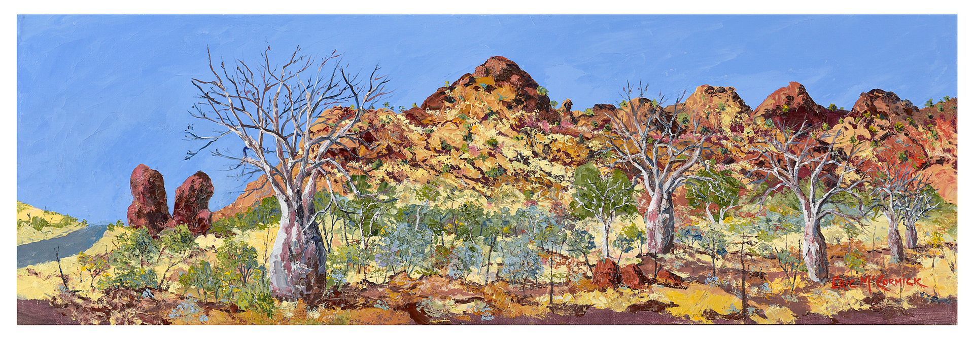 Landscape painting of a desert scene with trees and a mountain range under a blue sky.By The artist Eric McCormick