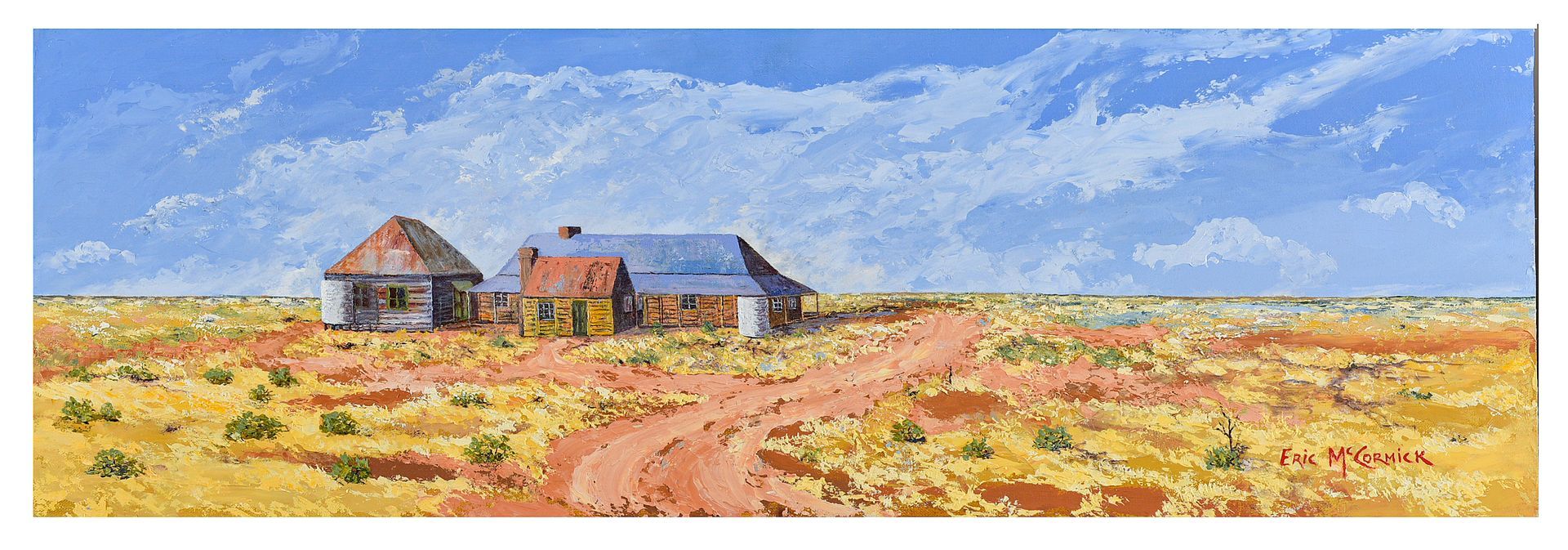 Dilapidated buildings on a dusty path under a blue sky. Arid, yellow-brown landscape.By The artist Eric McCormick