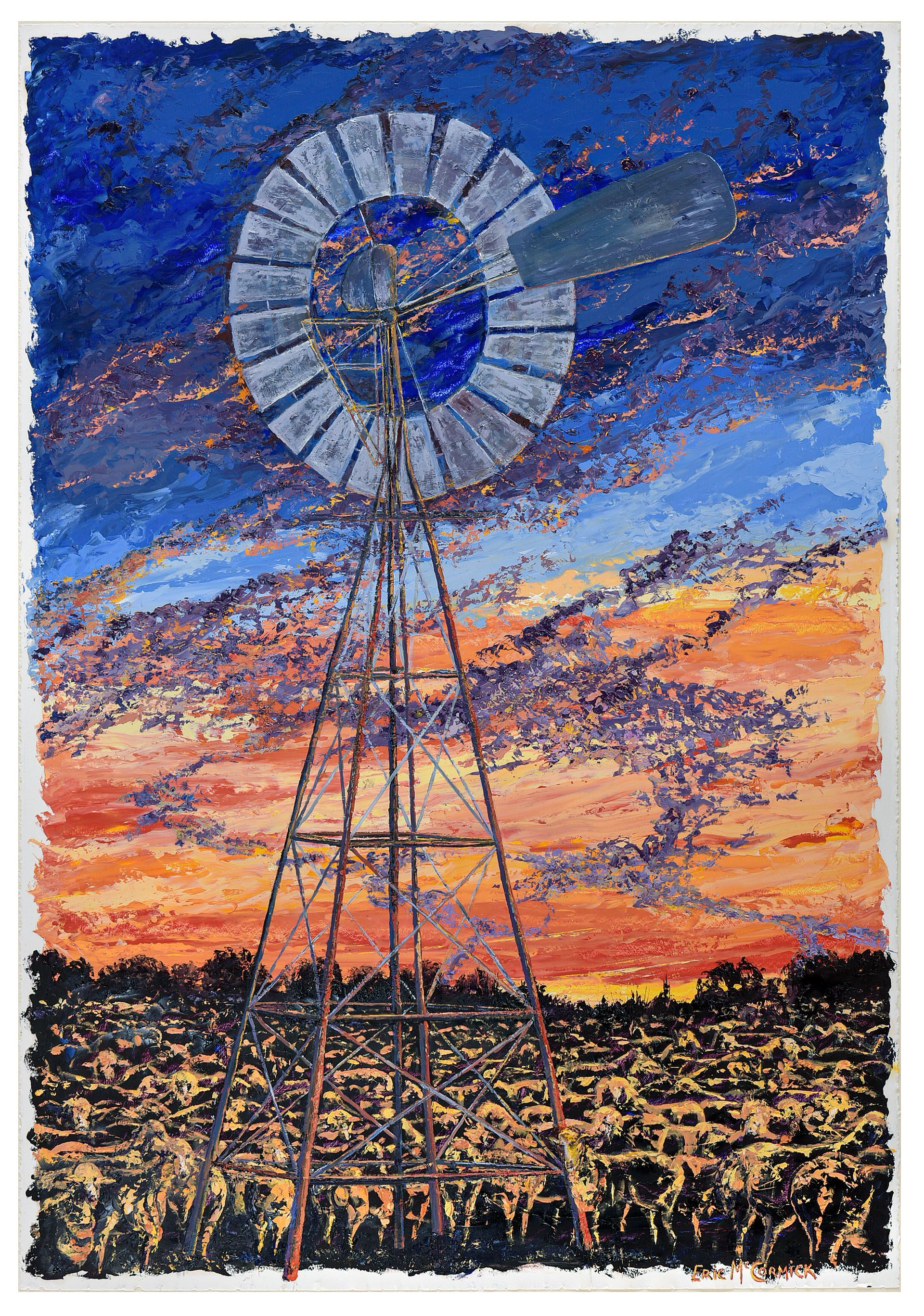 Windmill silhouetted against a vibrant sunset sky, fields below.By The artist Eric McCormick