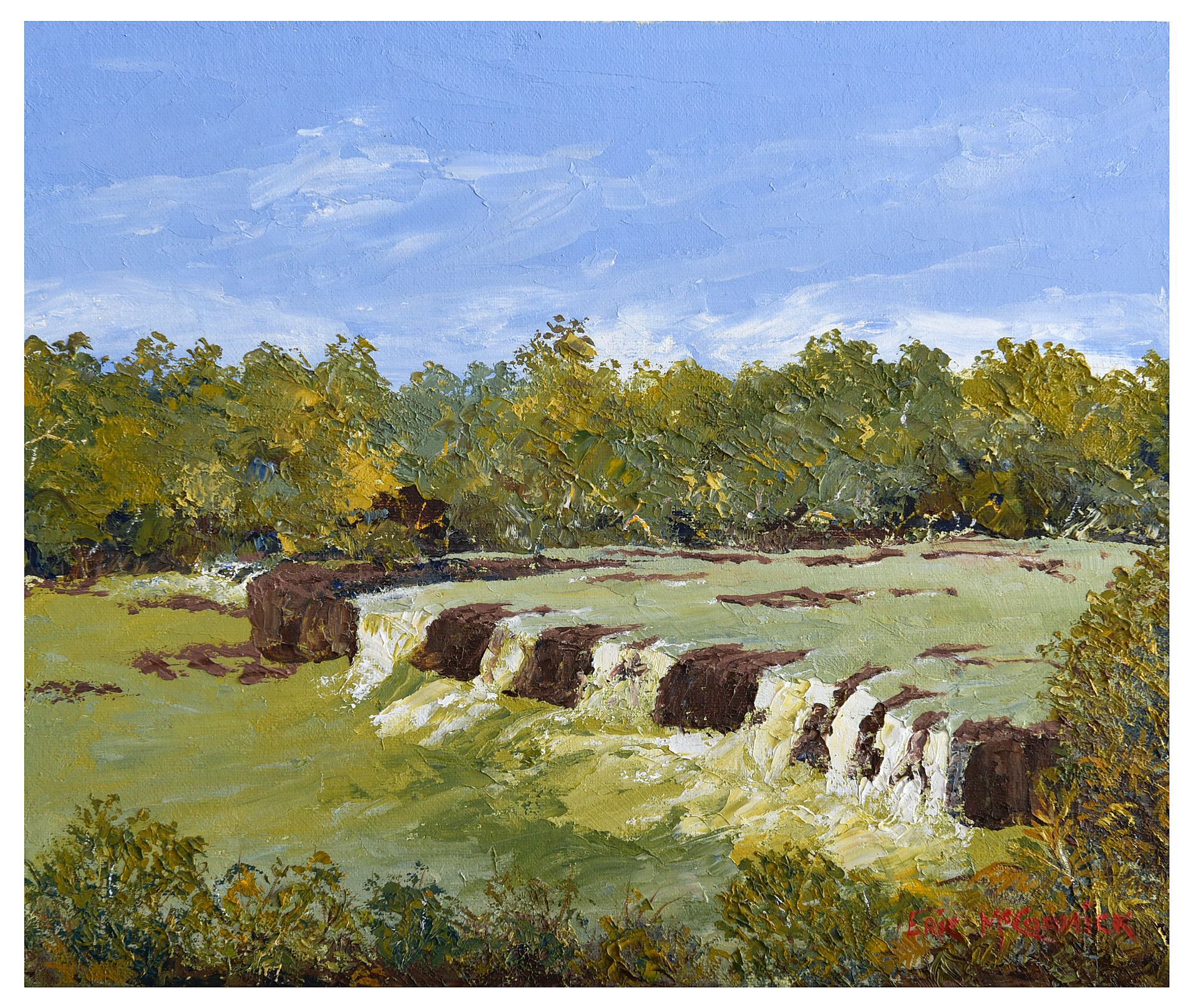 A painting of a green field with a rocky cliff, trees, and a blue sky. By The artist Eric McCormick
