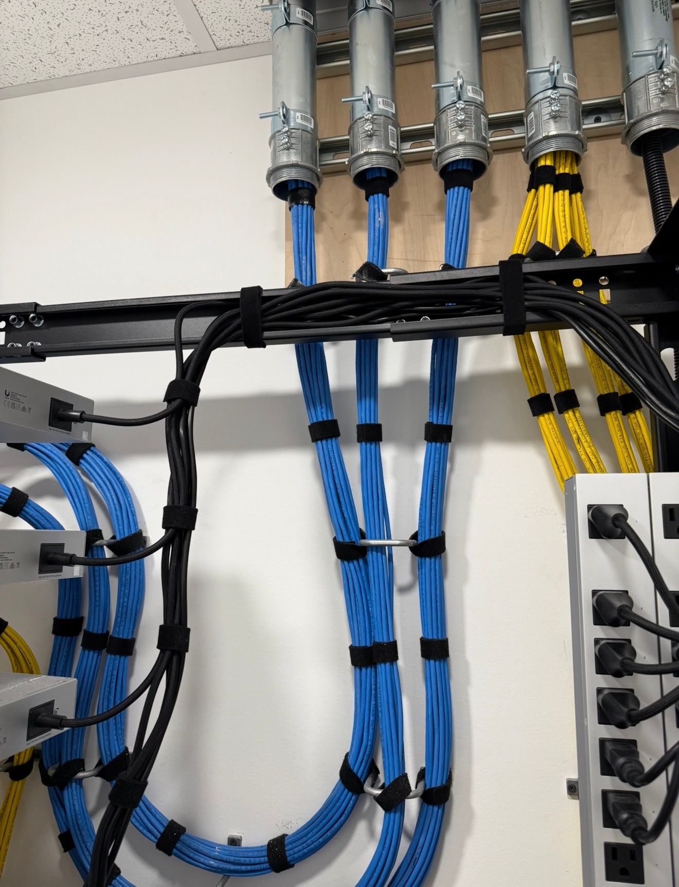 Blue and yellow network cables routed through a wall-mounted cable management panel.