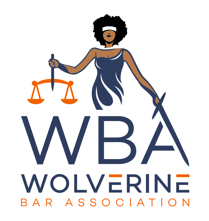 WBA logo: Black woman as Lady Justice, scales and sword, "Wolverine Bar Association" text.