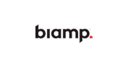 A black and red logo for biamp on a white background