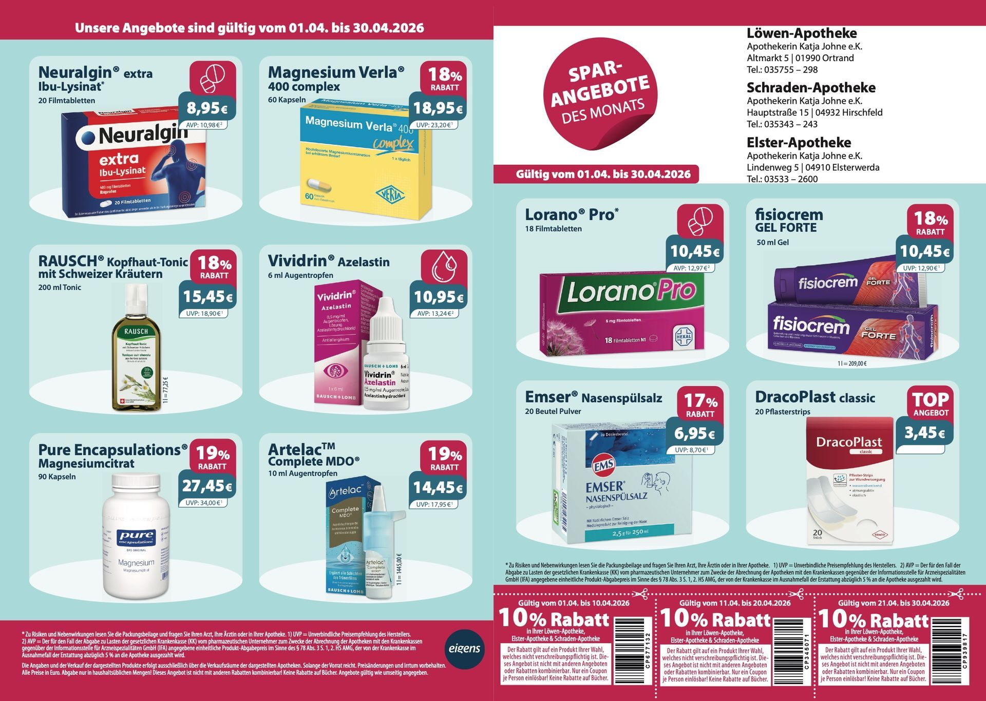 Apotheken-Rabattbroschüre mit verschiedenen Gesundheitsprodukten, ermäßigten Preisen und Aktionscoupons.