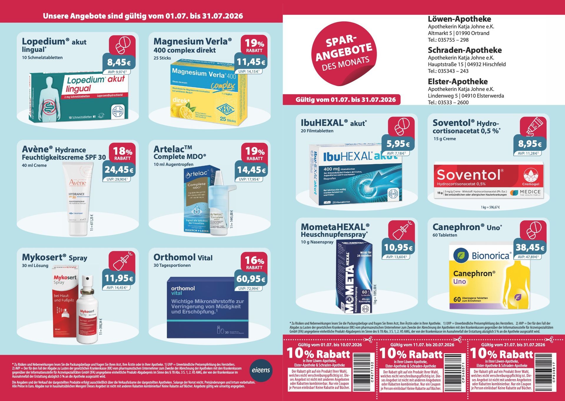 Apotheken-Rabattbroschüre mit verschiedenen Gesundheitsprodukten, ermäßigten Preisen und Aktionscoupons.