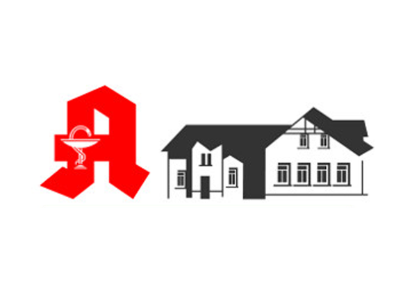 Ein rotes deutsches Apothekensymbol neben einer schwarz-weißen Illustration eines Gebäudes.