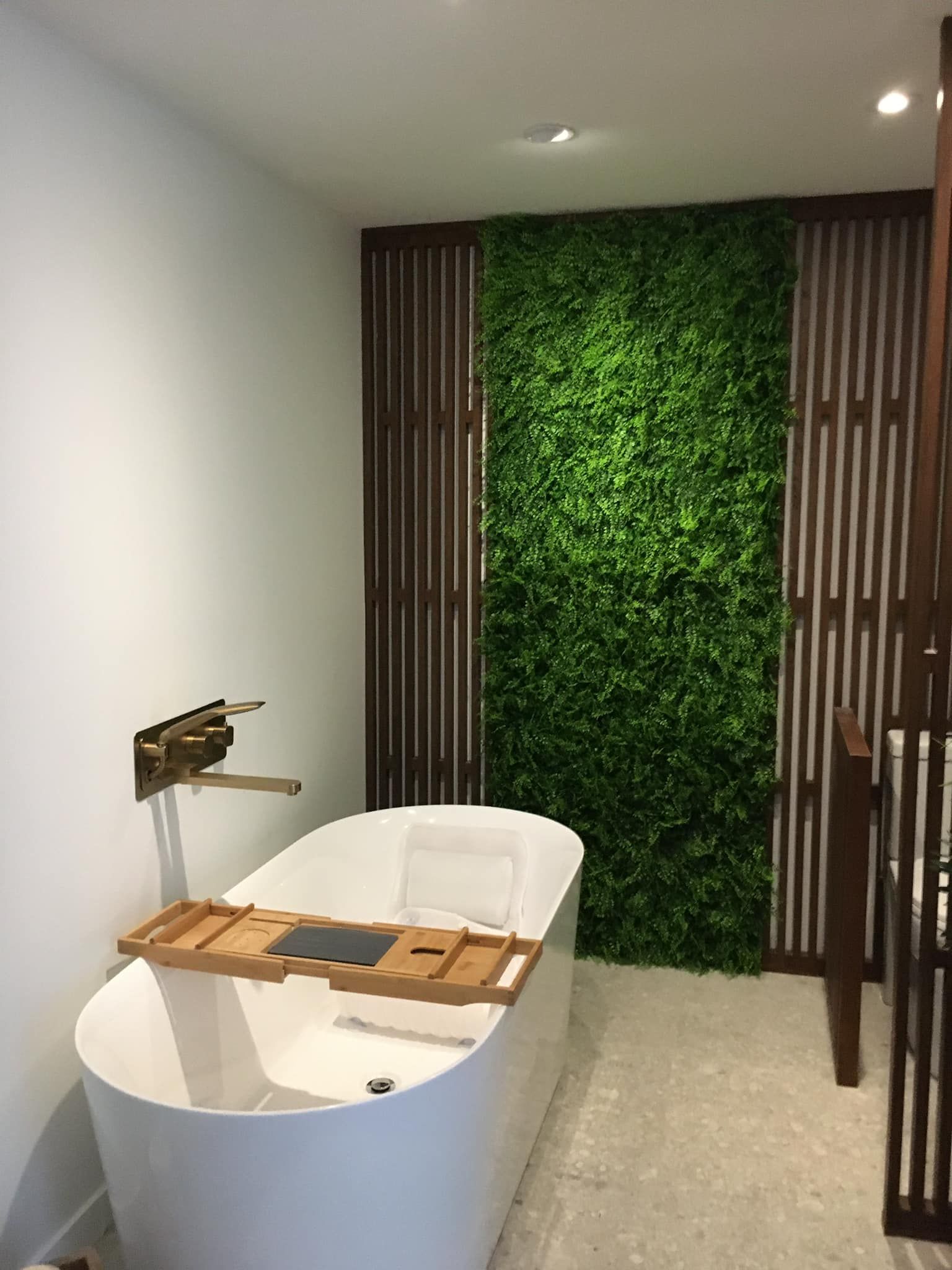 Une salle de bain avec baignoire et un mur végétalisé.