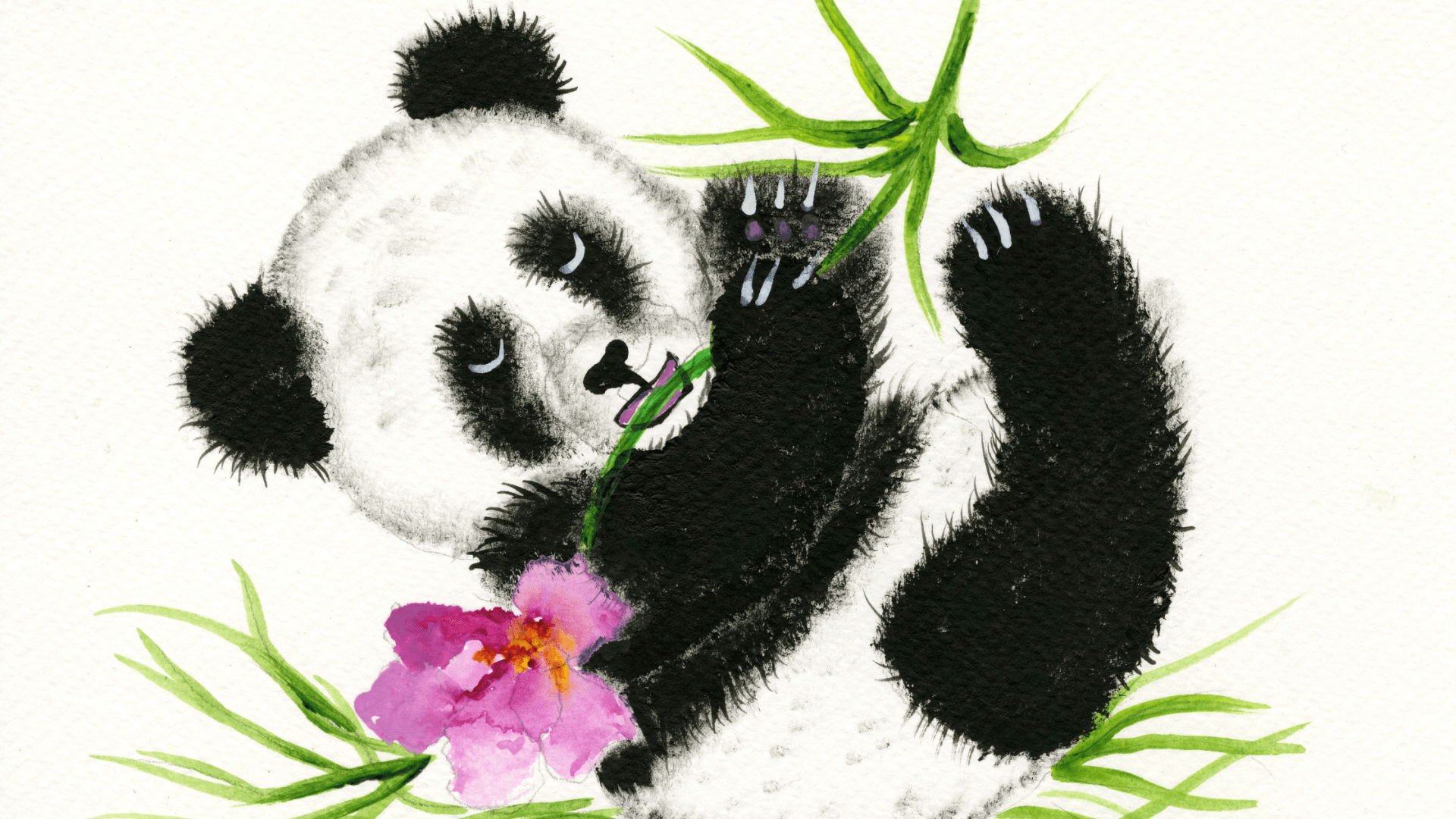 Panda playing with a flower